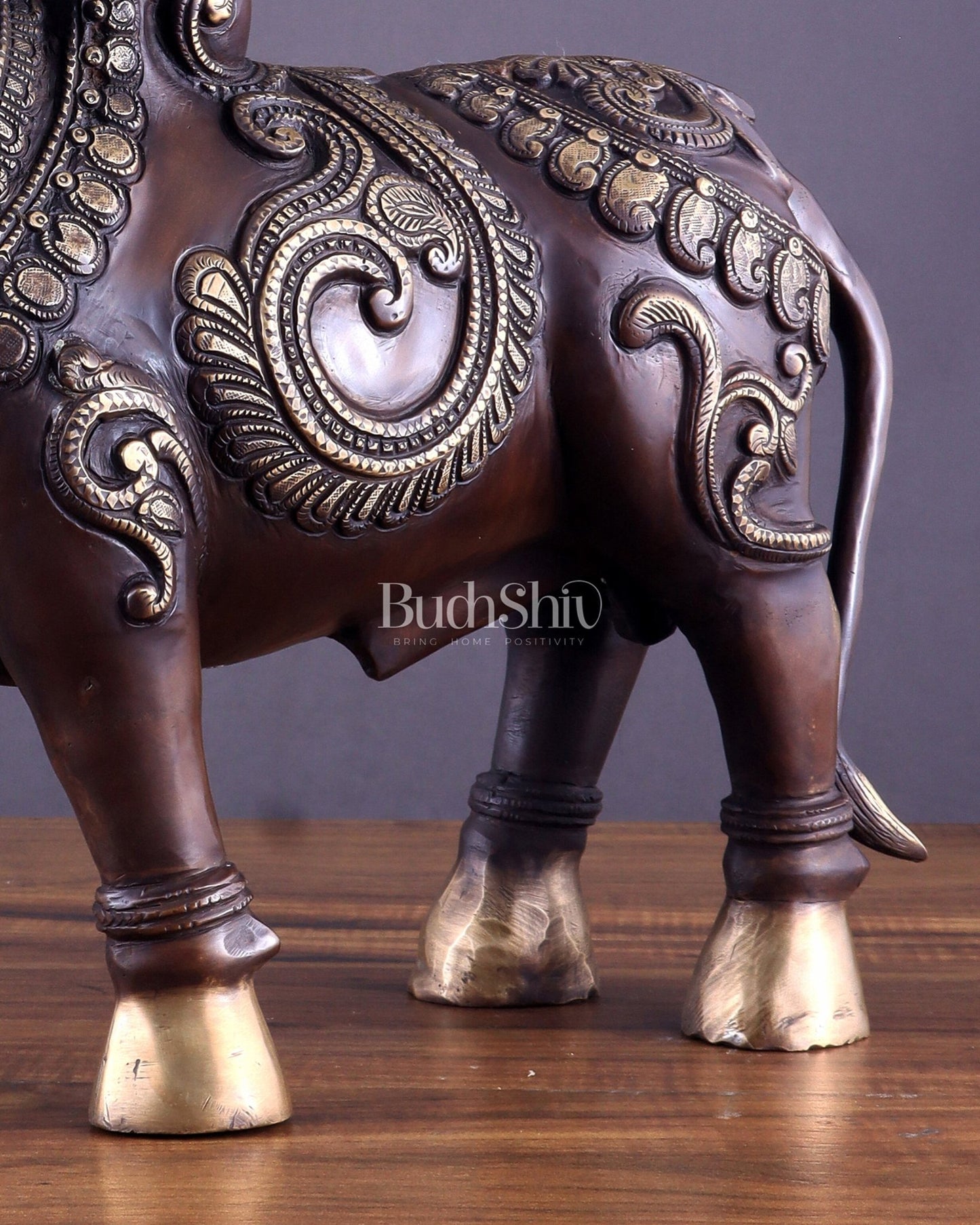 Pure Brass Large Standing Nandi Fully Engraved Sculpture 14" copper tone - Budhshiv.com