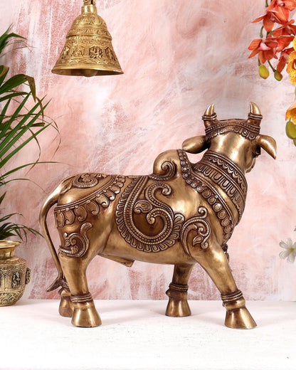 Pure Brass Large Standing Nandi Fully Sculpture 14" antique tone - Budhshiv.com