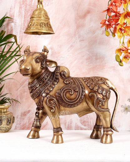 Pure Brass Large Standing Nandi Fully Sculpture 14" antique tone - Budhshiv.com