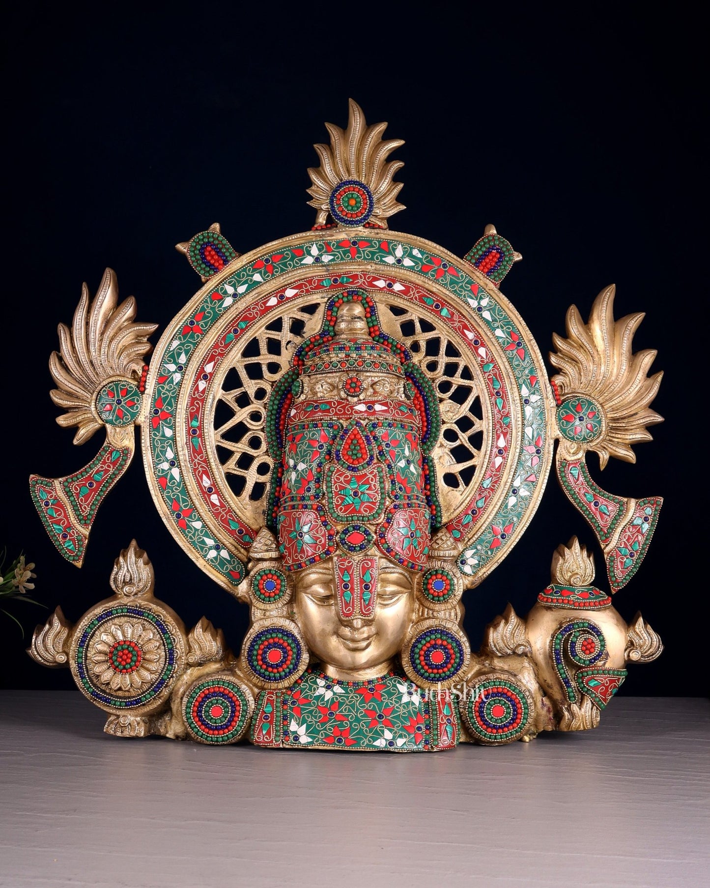 Pure Brass Large Tirupati Balaji face Bust statue | Floral Stonework 22.5" - Budhshiv.com