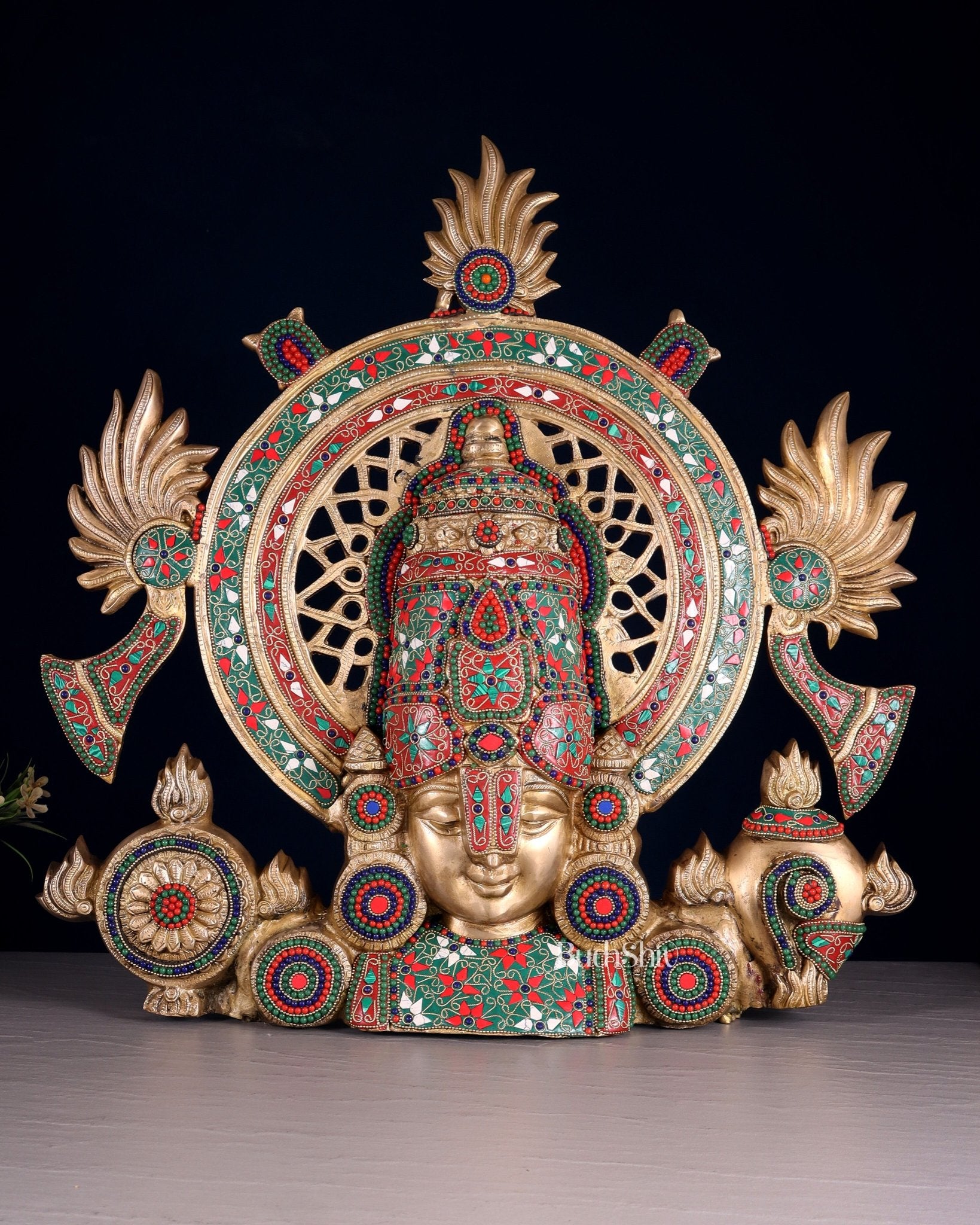 Pure Brass Large Tirupati Balaji face Bust statue | Floral Stonework 22.5" - Budhshiv.com