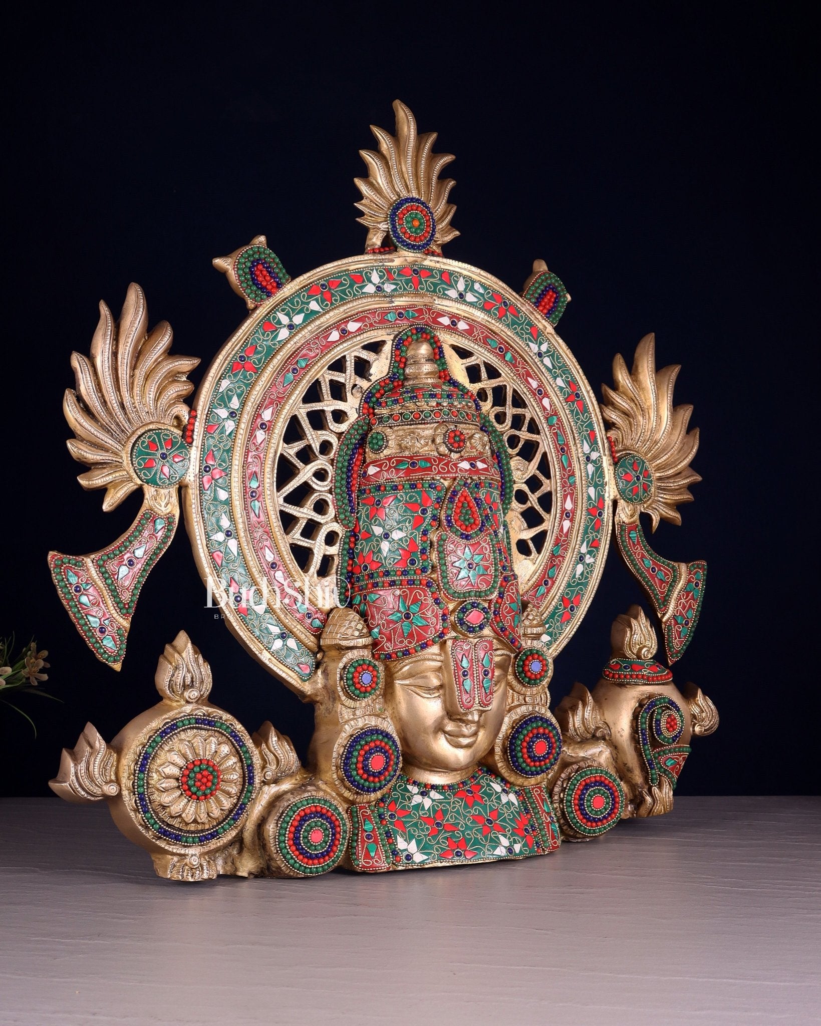 Pure Brass Large Tirupati Balaji face Bust statue | Floral Stonework 22.5" - Budhshiv.com