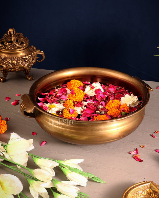 Pure Brass Large Urli Bowl – Antique Finish | 12" Wide - Budhshiv.com