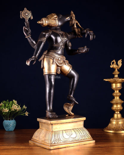 Pure Brass Large Varaha Lakshmi Statue – 24" Black and golden finish - Budhshiv.com