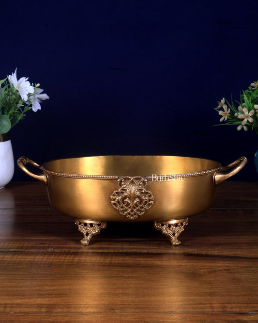 Pure Brass Lightweight Multipurpose Oval Fruit Bowl / Tray with Handle 10 inch - Budhshiv.com