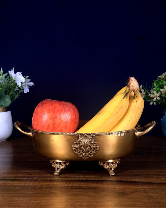 Pure Brass Lightweight Multipurpose Oval Fruit Bowl / Tray with Handle 10 inch - Budhshiv.com