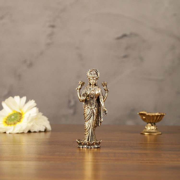 Pure brass lightweight Standing goddess Lakshmi idol 4" - Budhshiv.com