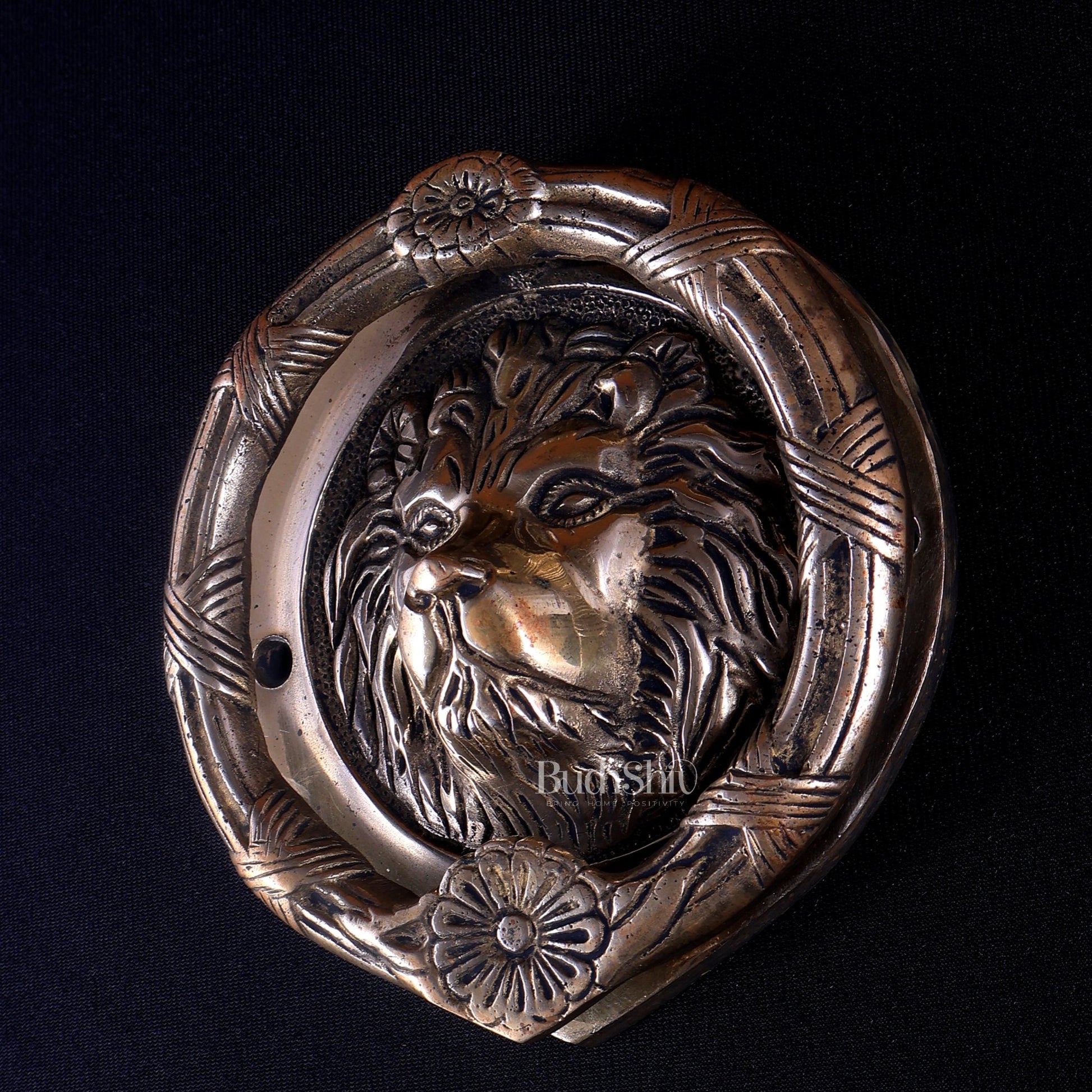 Pure Brass Lion Face Door Knocker | Vastu Main Door Guardian - Budhshiv.com