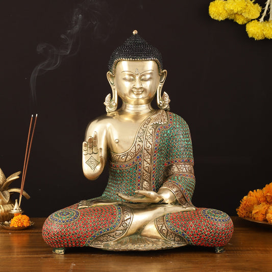 Pure Brass Lord Buddha in Blessing Mudra with Meenakari Stonework - Handcrafted Statue - Budhshiv.com