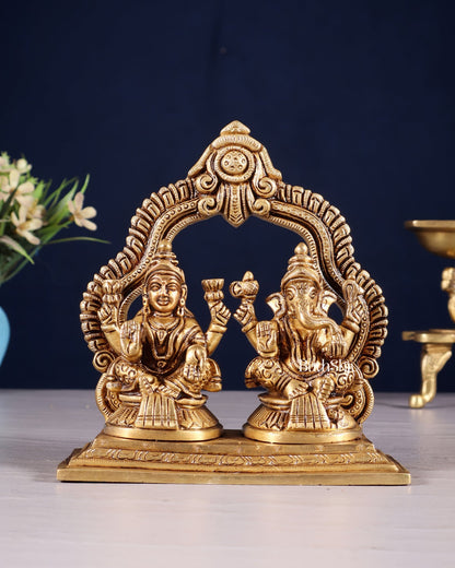 Pure Brass Lord Ganesha and Lakshmi Seated Together Idol - 5.5" - Budhshiv.com