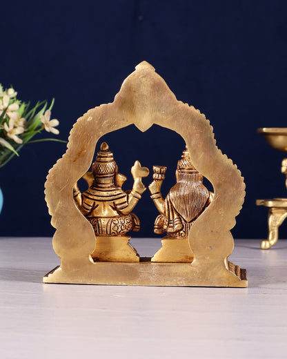 Pure Brass Lord Ganesha and Lakshmi Seated Together Idol - 5.5" - Budhshiv.com