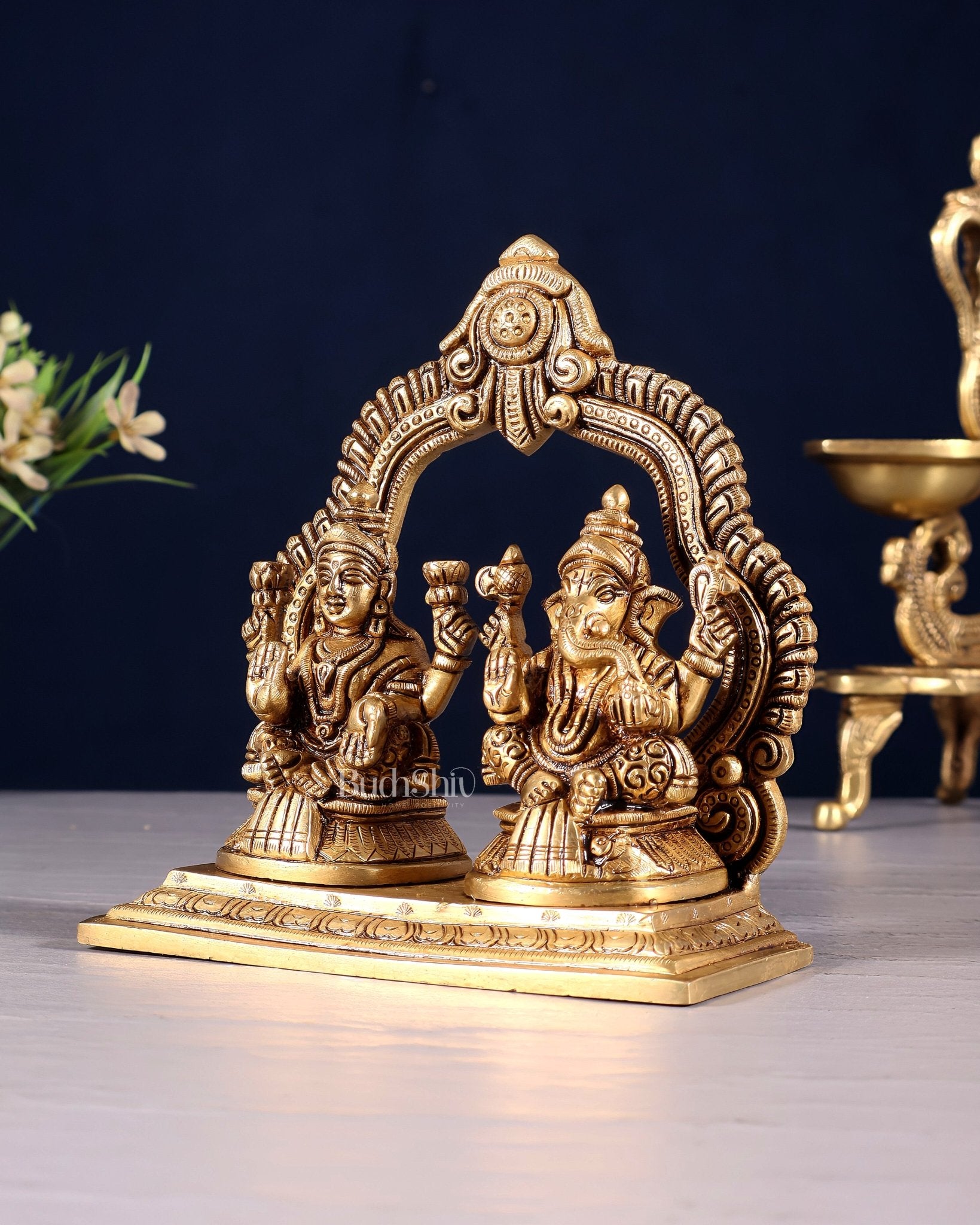 Pure Brass Lord Ganesha and Lakshmi Seated Together Idol - 5.5" - Budhshiv.com