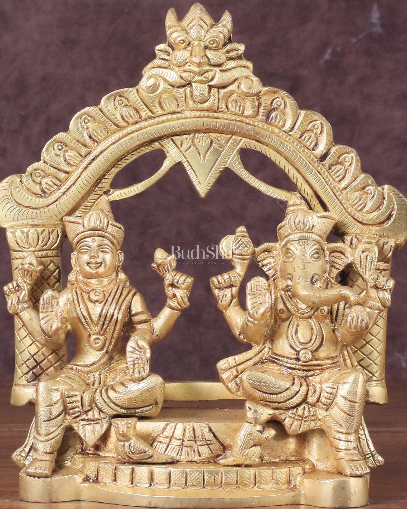 Pure Brass Lord Ganesha and Lakshmi Seated Together Statue - 7" - Budhshiv.com
