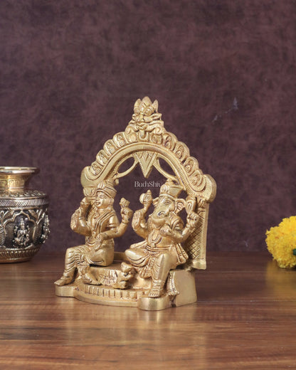 Pure Brass Lord Ganesha and Lakshmi Seated Together Statue - 7" - Budhshiv.com