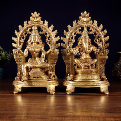 Pure Brass Lord Ganesha & Goddess Lakshmi Idol Pair with Prabhavali | 12 Inch - Budhshiv.com