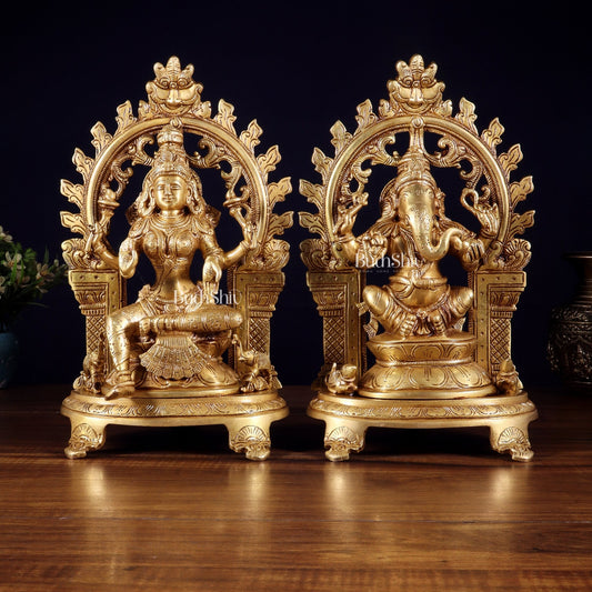 Pure Brass Lord Ganesha & Goddess Lakshmi Idol Pair with Prabhavali | 12 Inch - Budhshiv.com