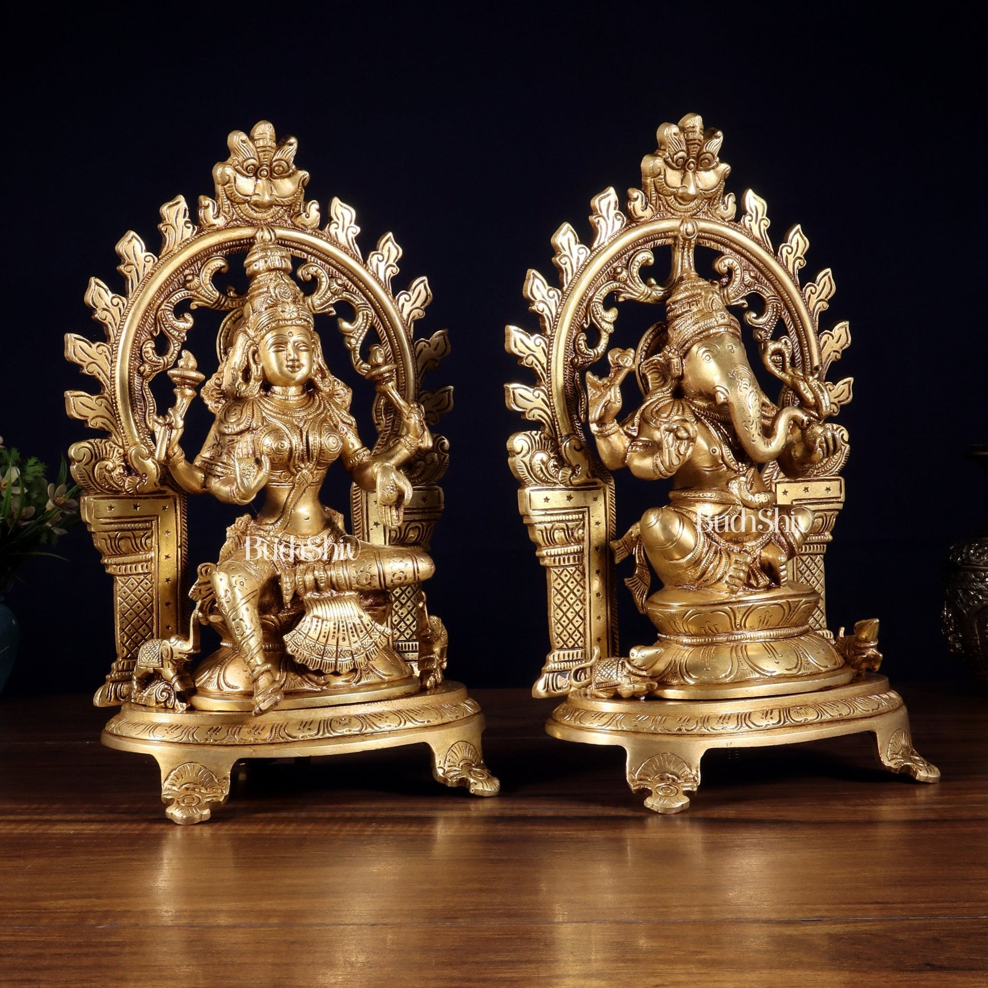 Pure Brass Lord Ganesha & Goddess Lakshmi Idol Pair with Prabhavali | 12 Inch - Budhshiv.com