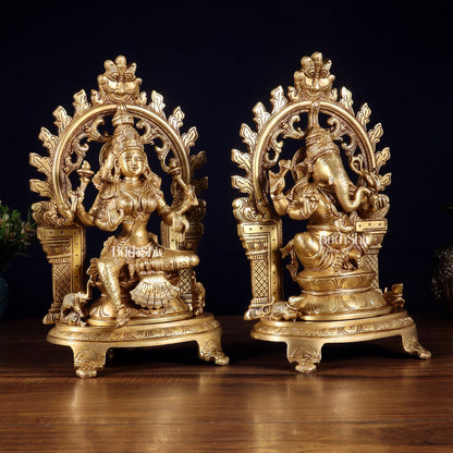 Pure Brass Lord Ganesha & Goddess Lakshmi Idol Pair with Prabhavali | 12 Inch - Budhshiv.com