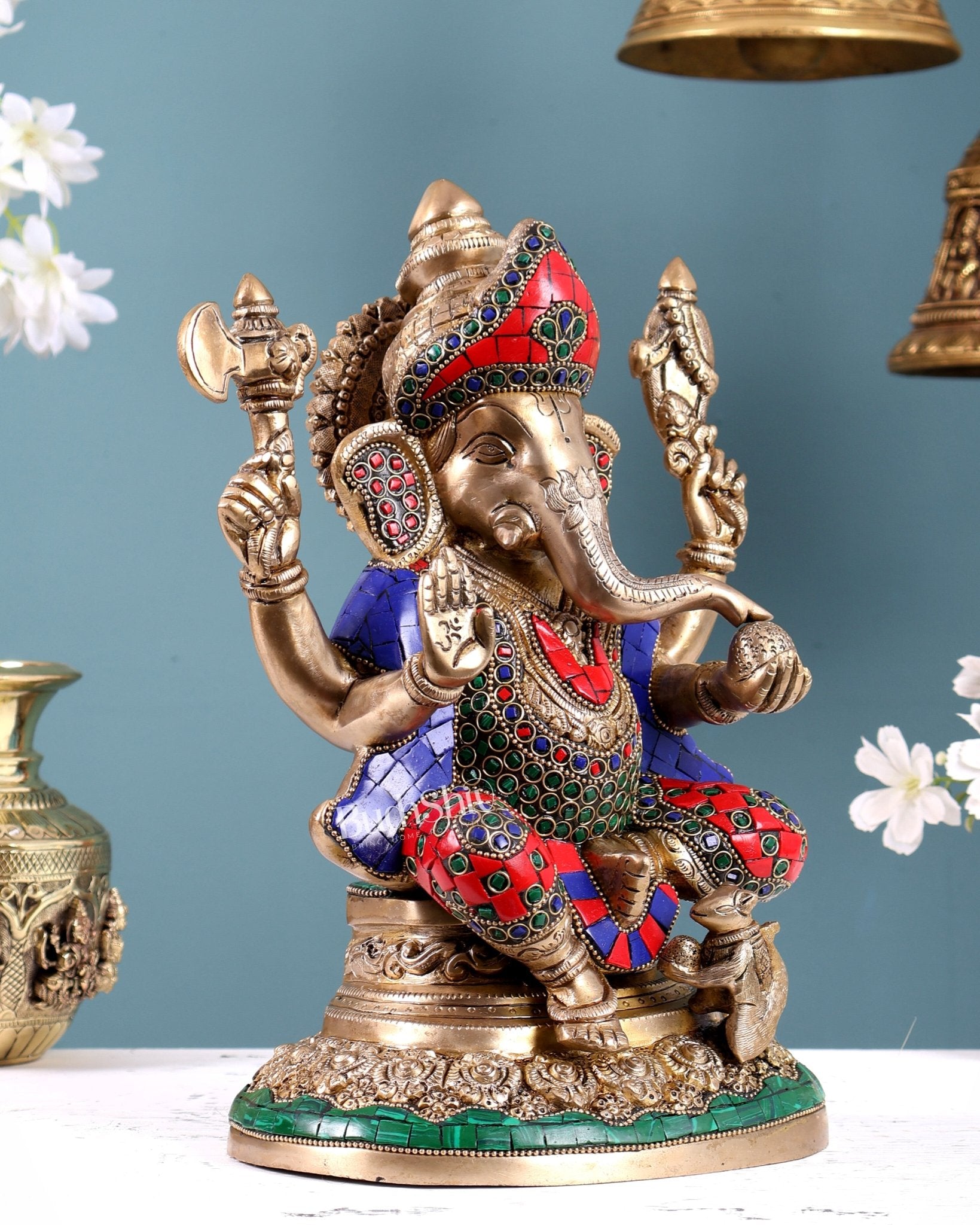 Pure Brass Lord Ganesha Highly Detailed Statue | 12 Inch with stonework - Budhshiv.com