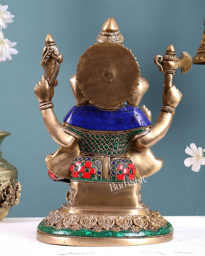Pure Brass Lord Ganesha Highly Detailed Statue | 12 Inch with stonework - Budhshiv.com