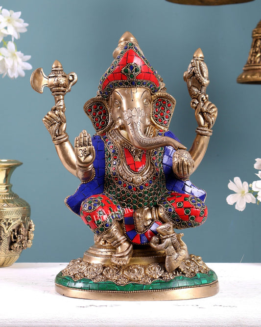 Pure Brass Lord Ganesha Highly Detailed Statue | 12 Inch with stonework - Budhshiv.com