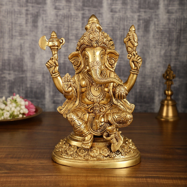 Pure Brass Lord Ganesha Highly Detailed Statue | 12 Inch - Budhshiv.com