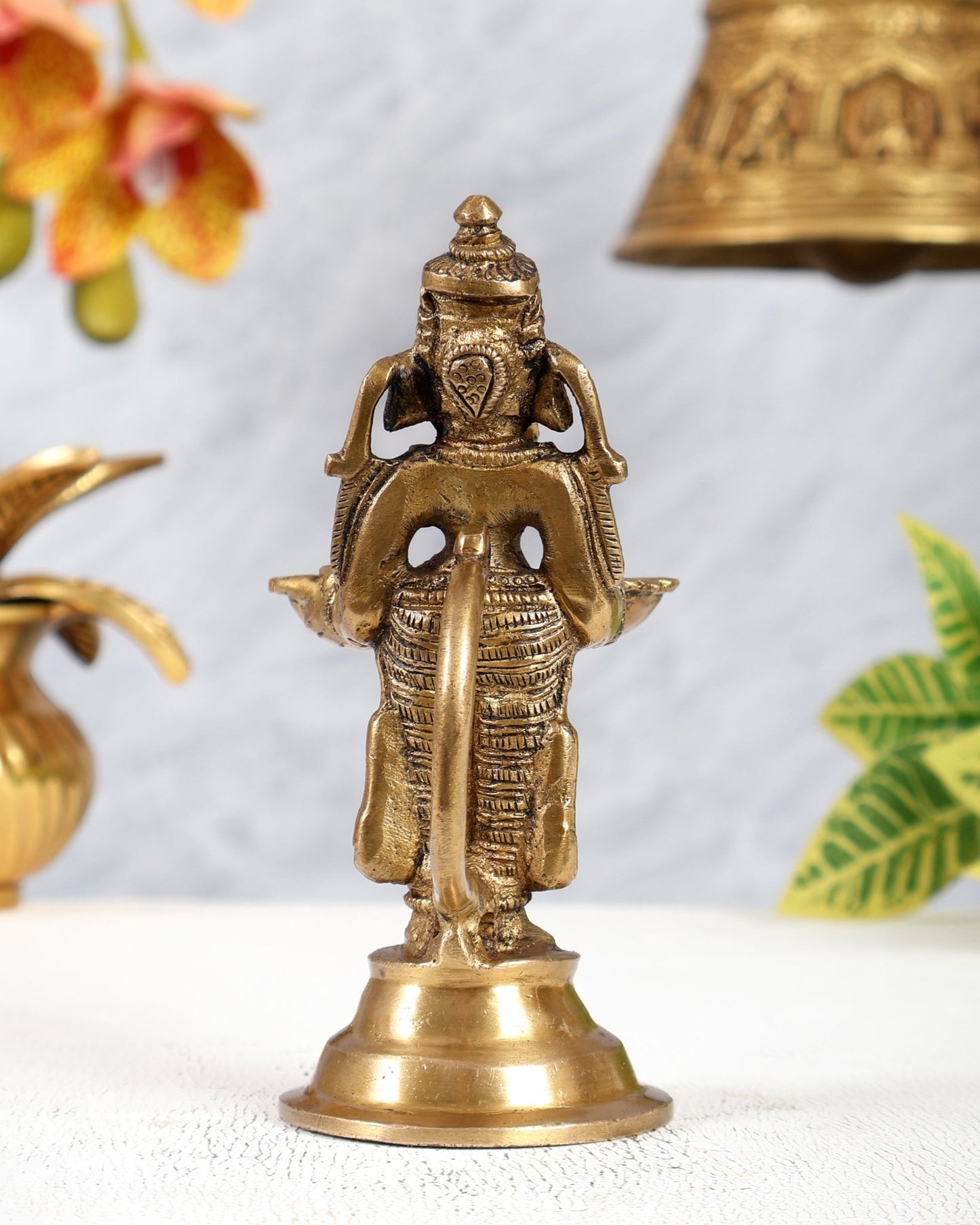 Pure Brass Lord Ganesha Holding Two Diyas small 5.5" - Budhshiv.com