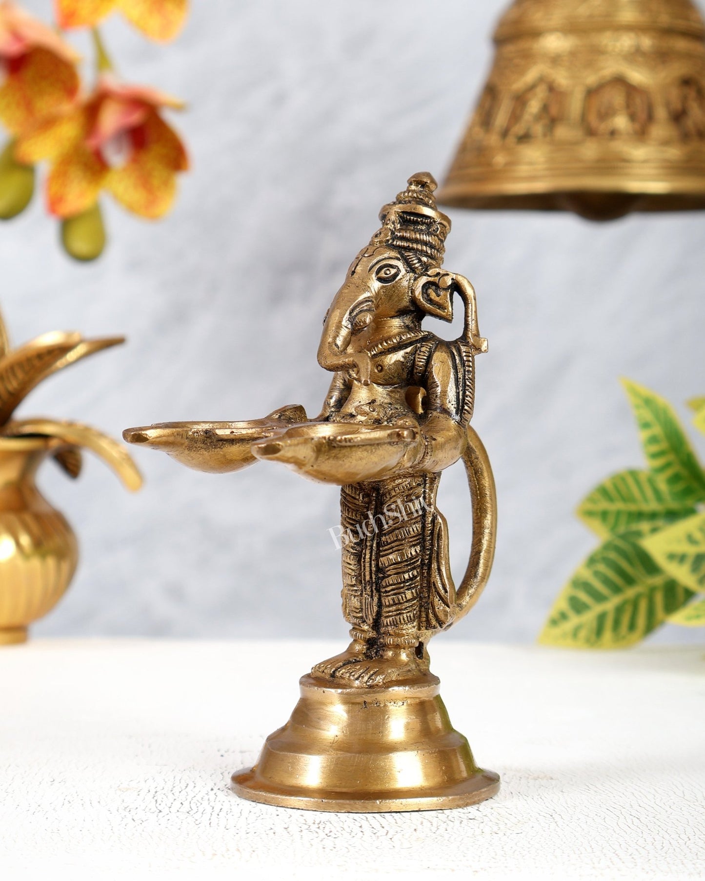 Pure Brass Lord Ganesha Holding Two Diyas small 5.5" - Budhshiv.com