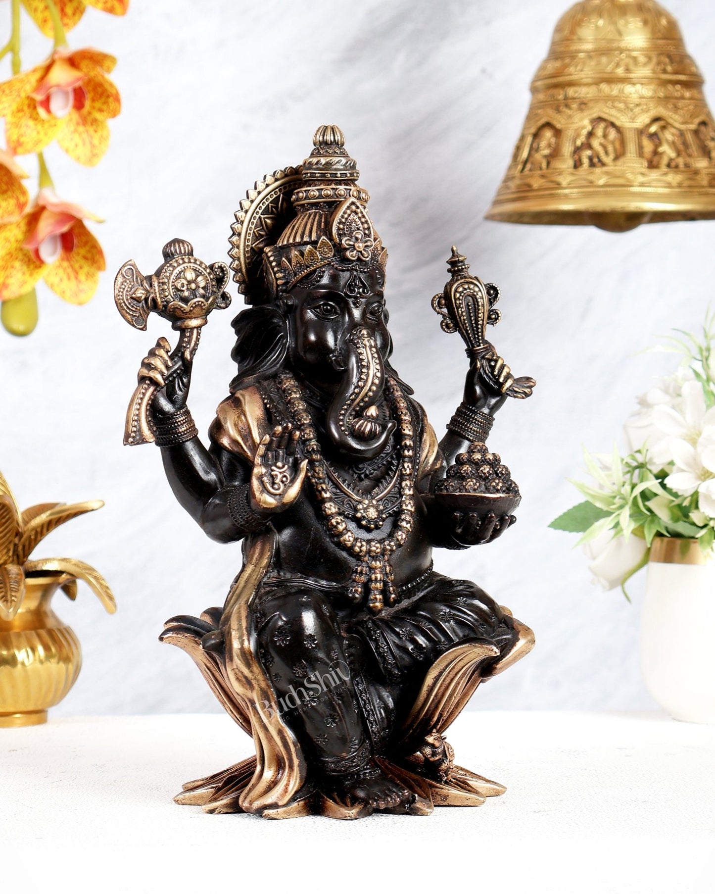 Pure Brass Lord Ganesha Idol – 10 Inch black tone - Budhshiv.com