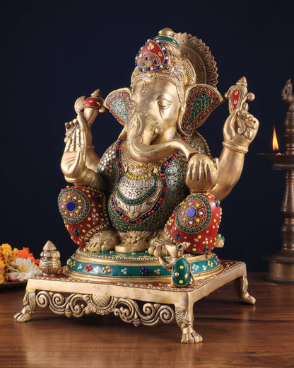 Pure Brass Lord Ganesha Idol - 18 inch Meenakari Stonework - Budhshiv.com