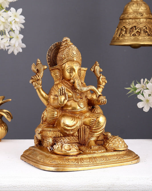 Pure Brass Lord Ganesha Idol - 9 inch highly detailed - Budhshiv.com