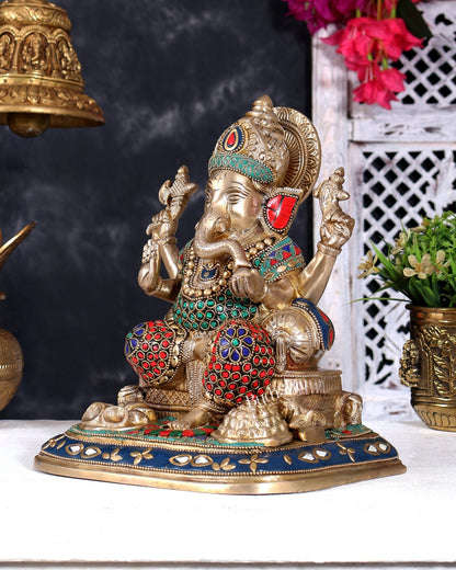 Pure Brass Lord Ganesha Idol - 9 inch with Stonework - Budhshiv.com