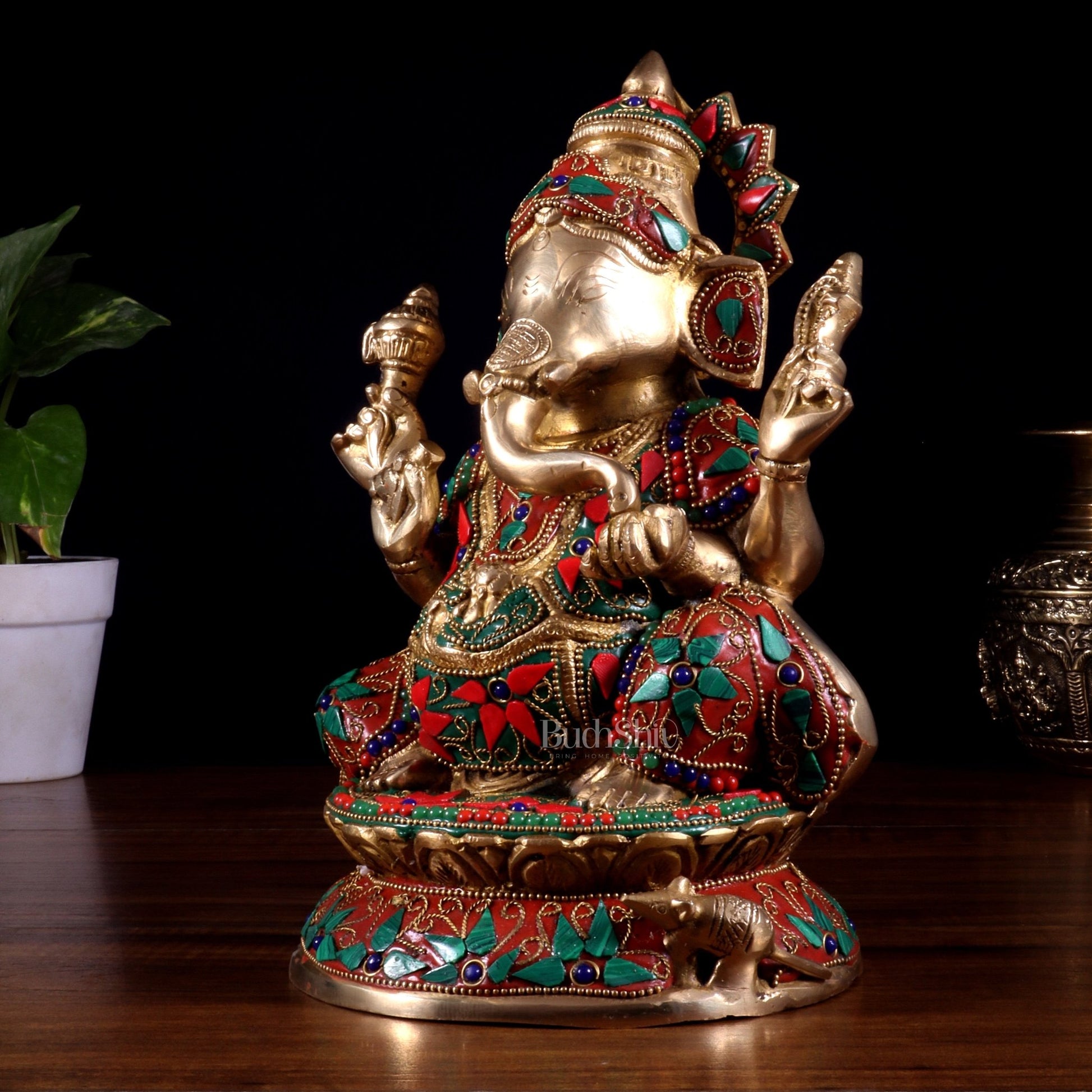 Pure Brass Lord Ganesha Idol – Intricate Floral Stonework (9.5 Inch) - Budhshiv.com