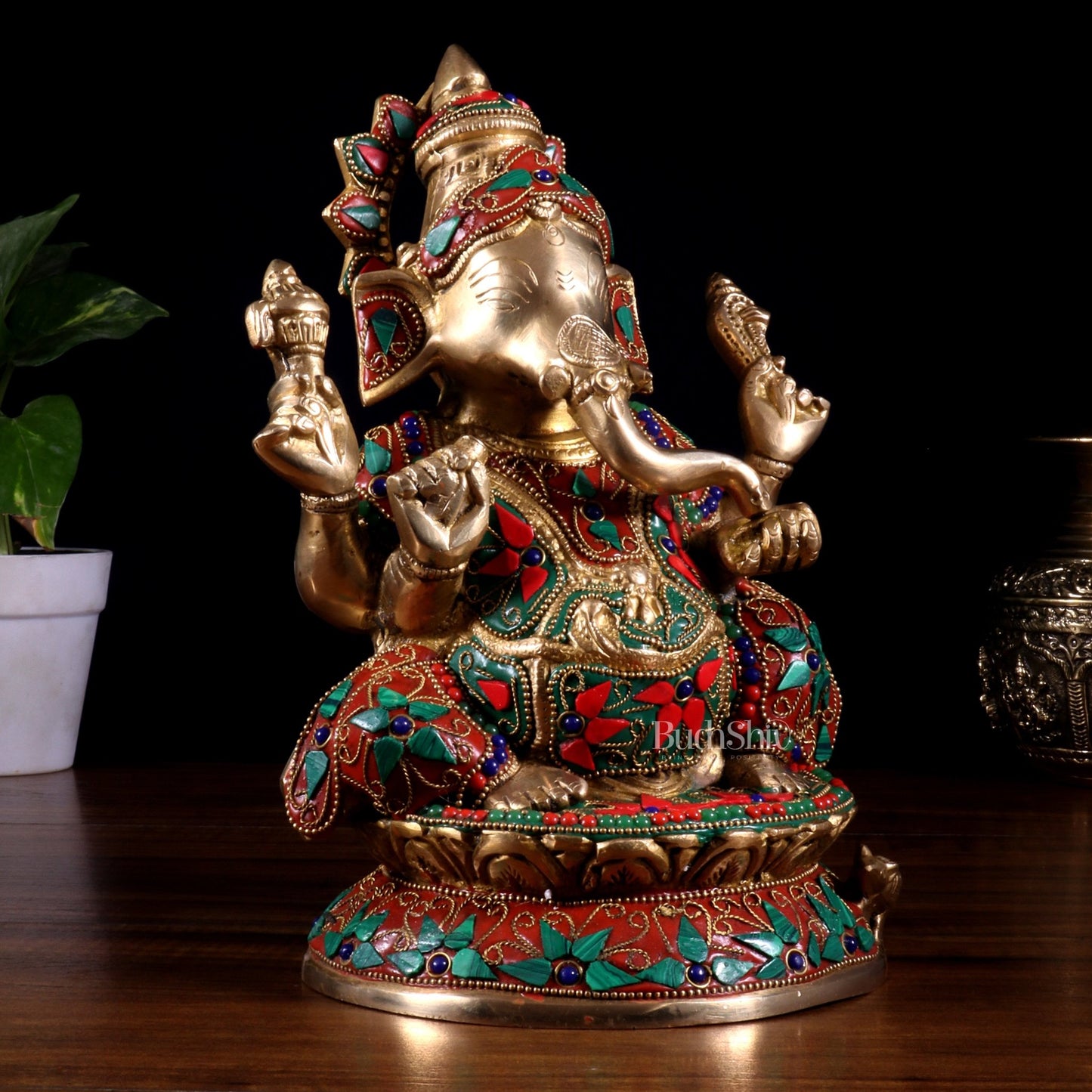 Pure Brass Lord Ganesha Idol – Intricate Floral Stonework (9.5 Inch) - Budhshiv.com
