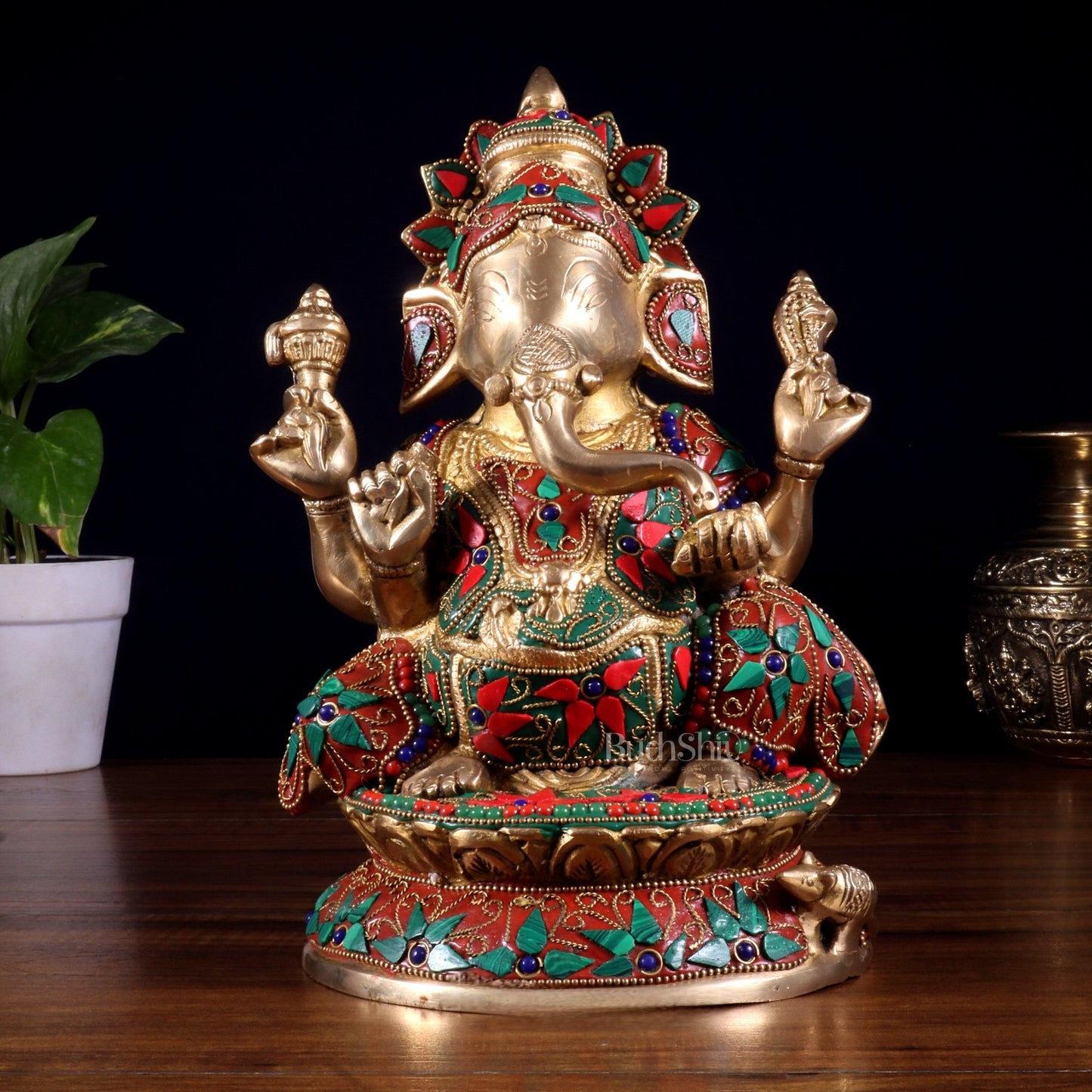Pure Brass Lord Ganesha Idol – Intricate Floral Stonework (9.5 Inch) - Budhshiv.com