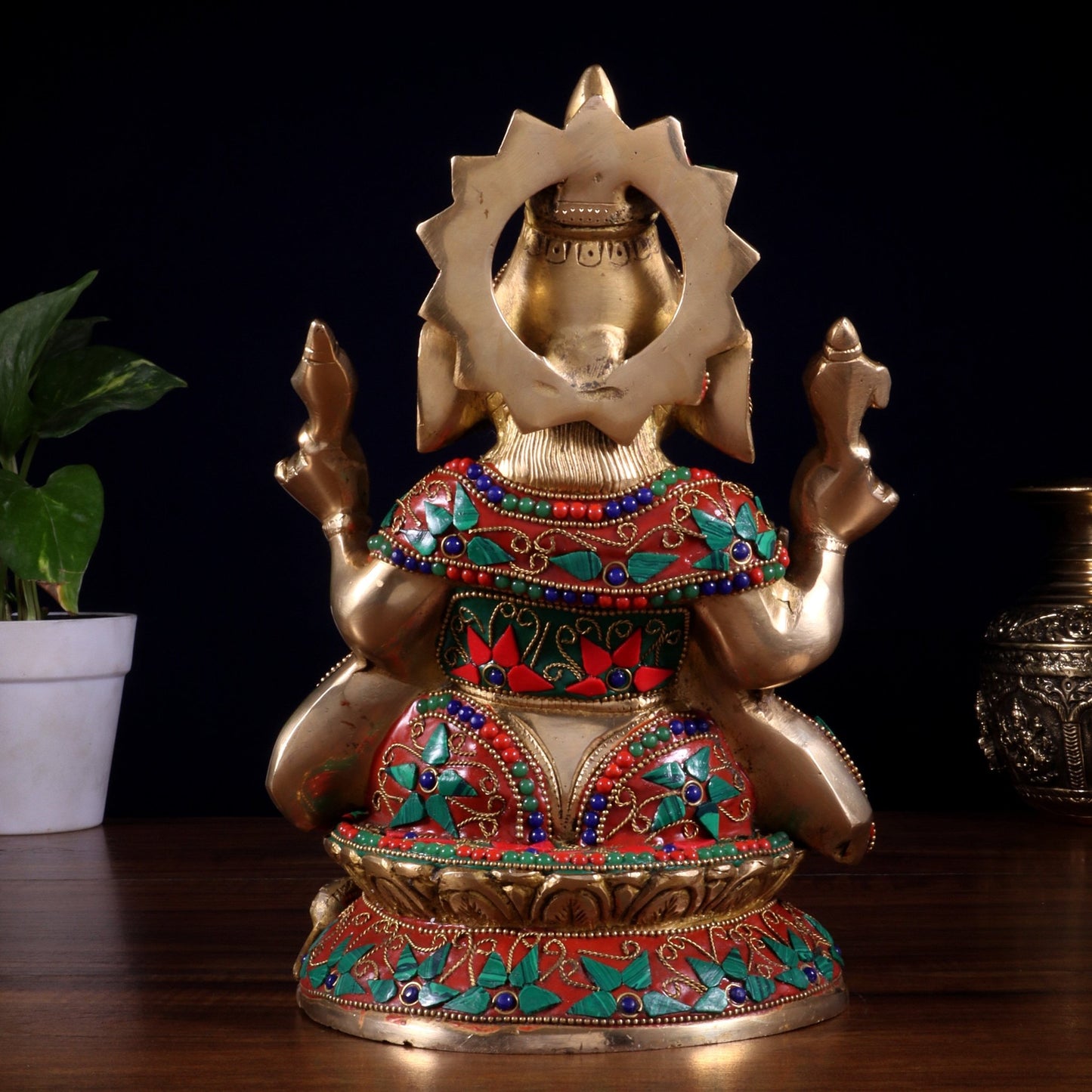 Pure Brass Lord Ganesha Idol – Intricate Floral Stonework (9.5 Inch) - Budhshiv.com