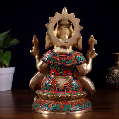 Pure Brass Lord Ganesha Idol – Intricate Floral Stonework (9.5 Inch) - Budhshiv.com