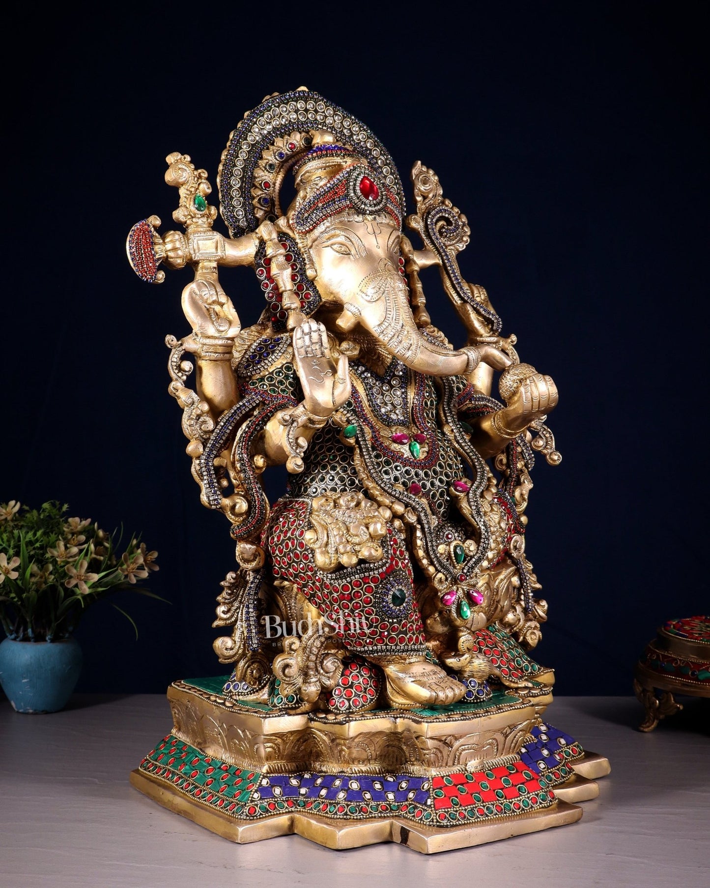 Pure Brass Lord Ganesha Idol with Jewellers Meenakari 18" - Budhshiv.com
