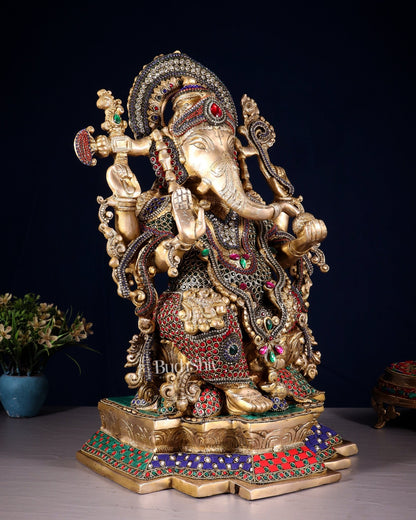 Pure Brass Lord Ganesha Idol with Jewellers Meenakari 18" - Budhshiv.com