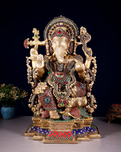 Pure Brass Lord Ganesha Idol with Jewellers Meenakari 18" - Budhshiv.com