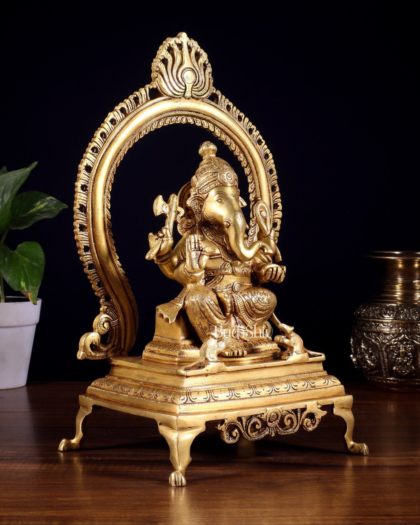 Pure Brass Lord Ganesha Idol with Prabhavali | 13 Inch - Budhshiv.com