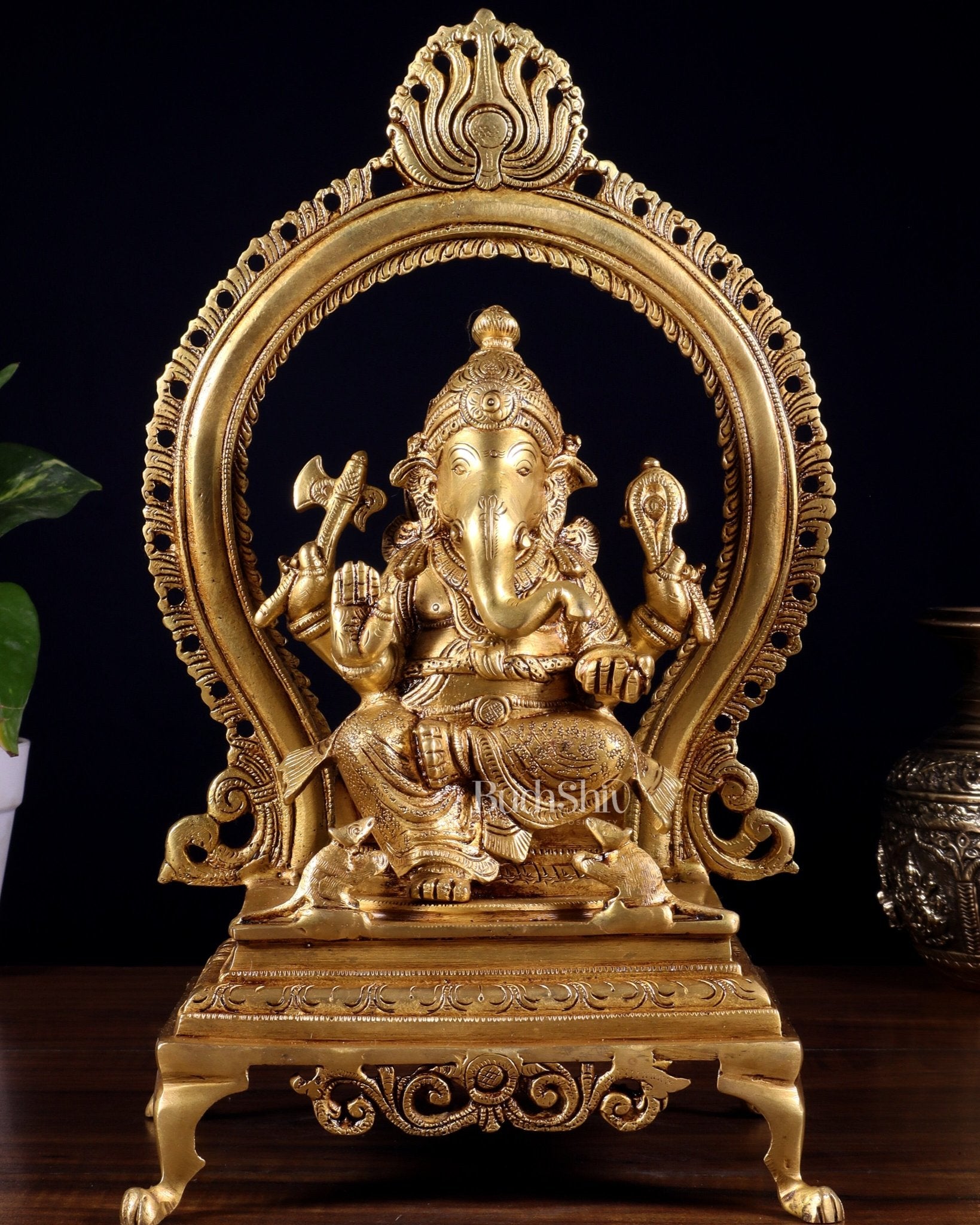 Pure Brass Lord Ganesha Idol with Prabhavali | 13 Inch - Budhshiv.com