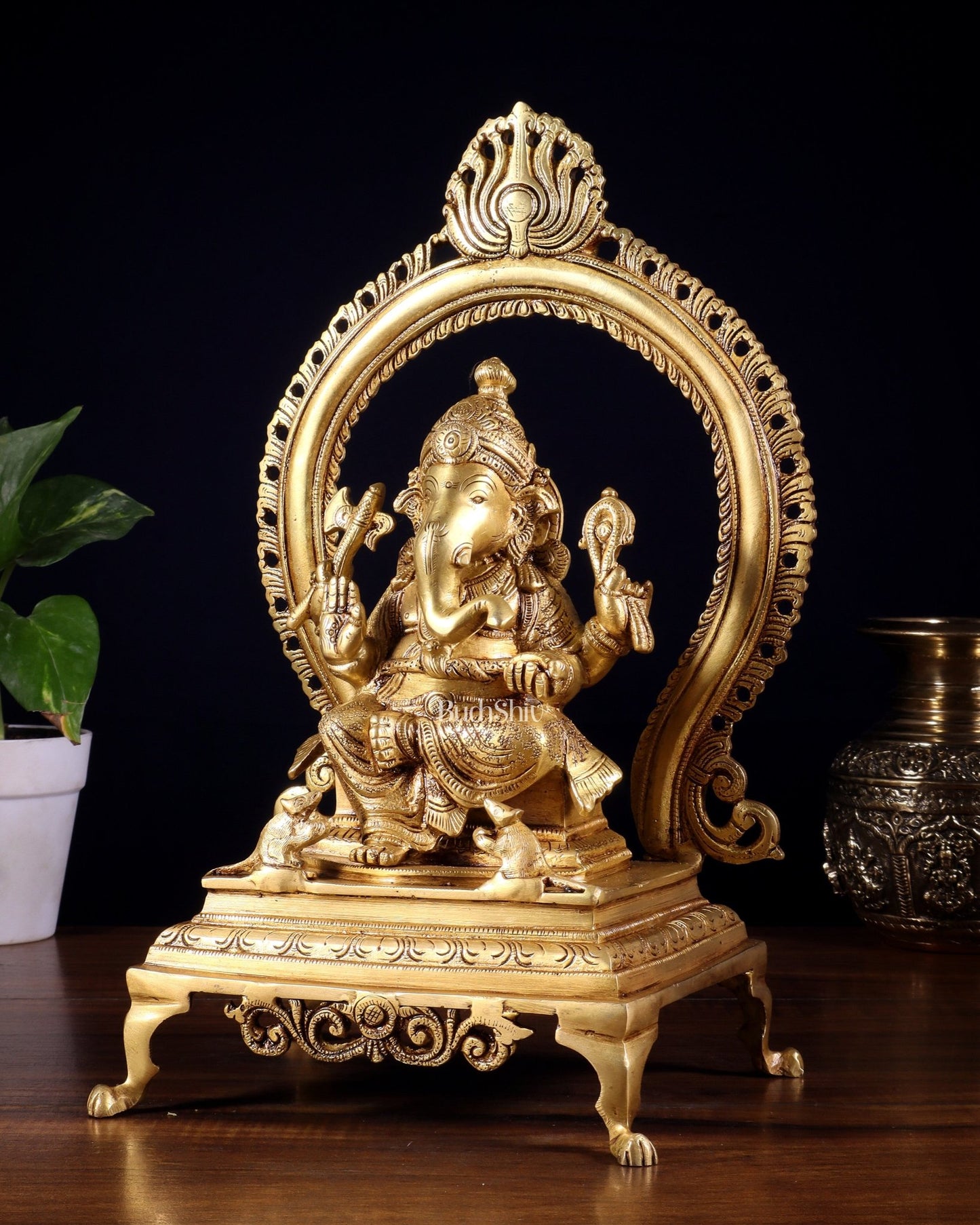 Pure Brass Lord Ganesha Idol with Prabhavali | 13 Inch - Budhshiv.com