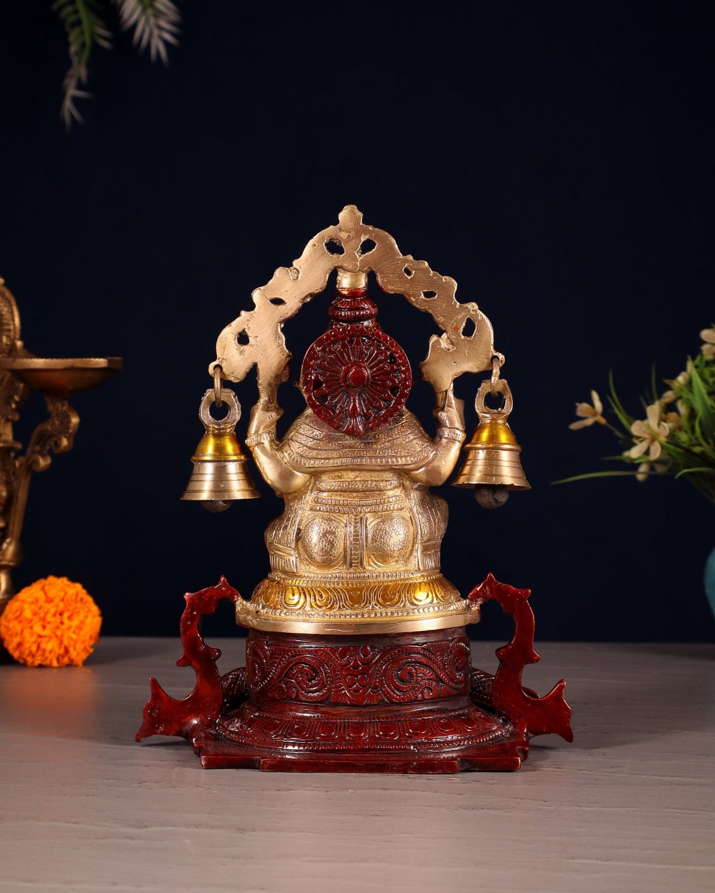 Pure Brass Lord Ganesha Idol with Prabhavali, Vahan & Hanging Bells – Dual Tone 8.2" - Budhshiv.com