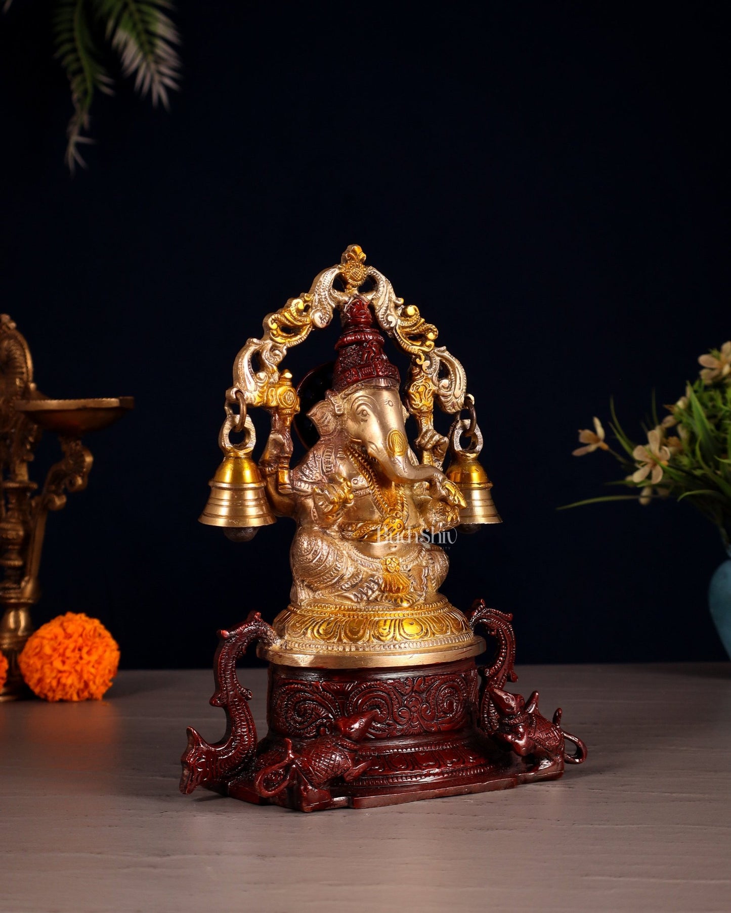 Pure Brass Lord Ganesha Idol with Prabhavali, Vahan & Hanging Bells – Dual Tone 8.2" - Budhshiv.com