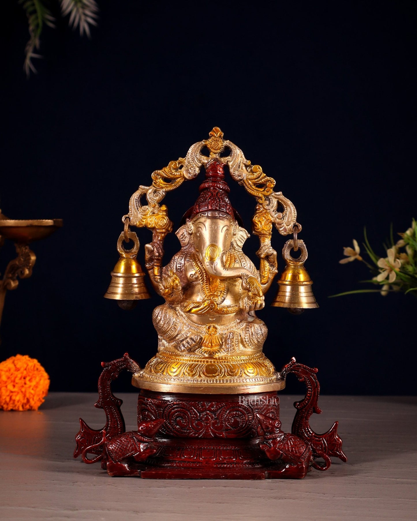 Pure Brass Lord Ganesha Idol with Prabhavali, Vahan & Hanging Bells – Dual Tone 8.2" - Budhshiv.com