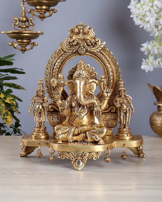 Pure Brass Lord Ganesha Idol with Riddhi Siddhi | 12” - Budhshiv.com