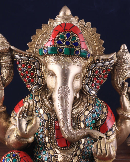 Pure Brass Lord Ganesha Idol with Stonework 9" - Budhshiv.com