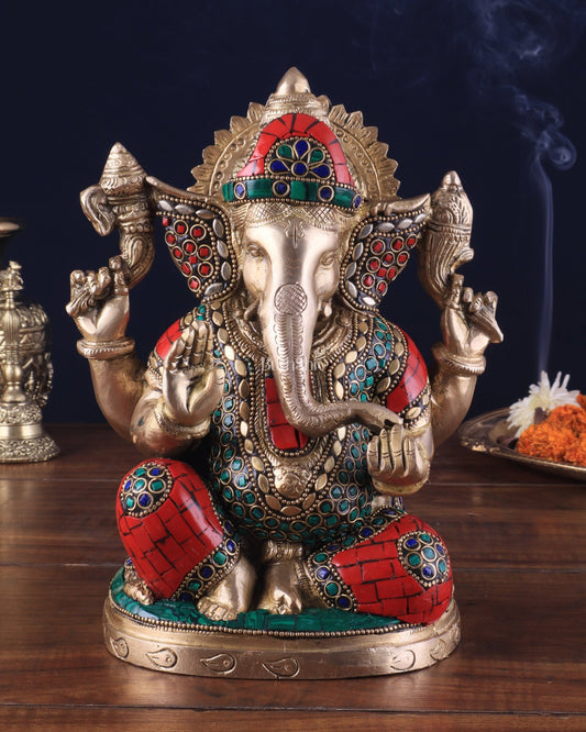 Pure Brass Lord Ganesha Idol with Stonework 9" - Budhshiv.com