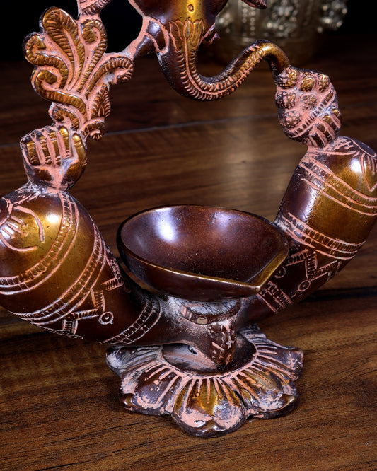 Pure Brass Lord Ganesha Modernized Diya Oil Lamp – Home Decor & Gifting vintage finish - Budhshiv.com